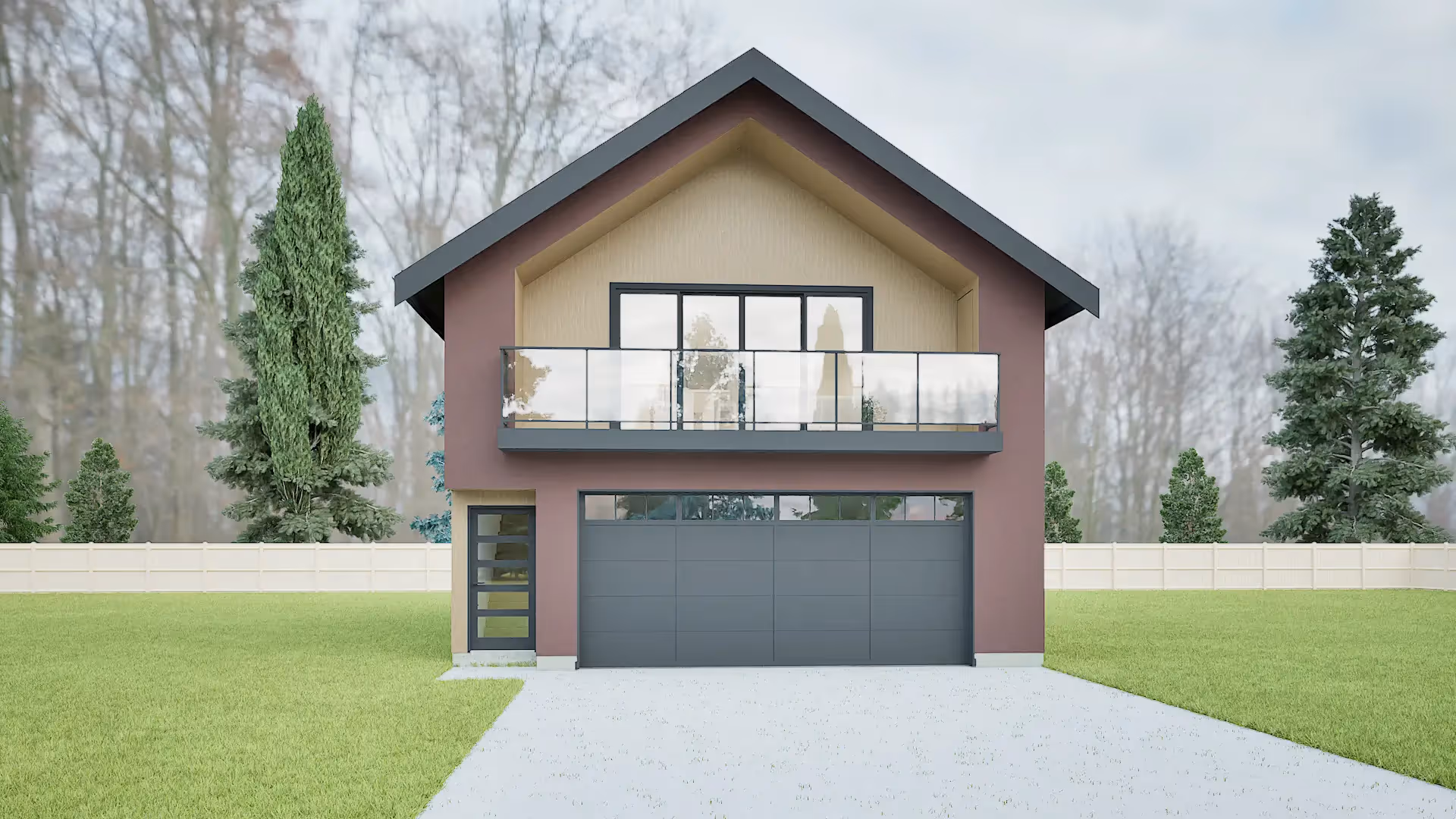  Straight-on front view of the carriage house with centered garage door and upper balcony railing.