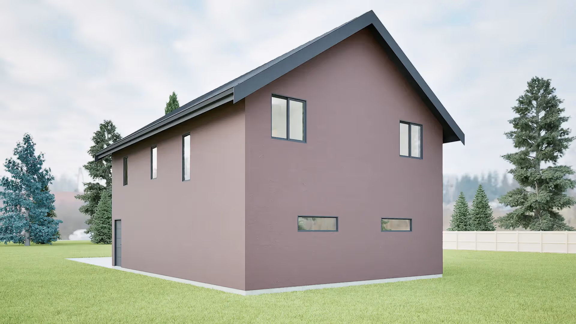 Side elevation rendering of the carriage house showing long exterior wall and window placement.