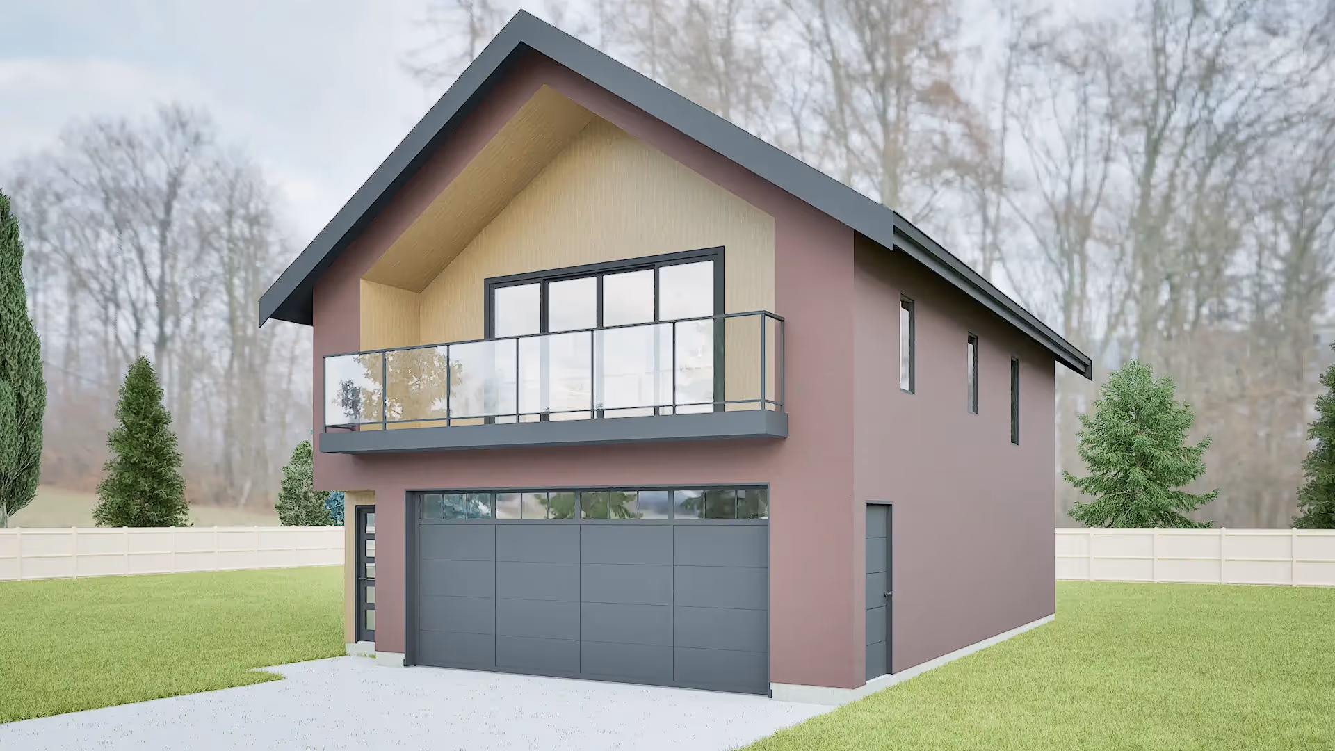  Front-right angle rendering of the carriage house showing garage, upper windows, and gable roofline.