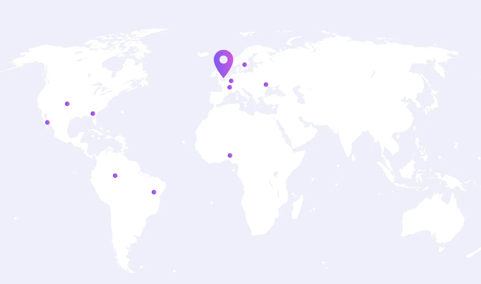 World map with purple location markers indicating various global cities, with a larger marker over the United Kingdom.