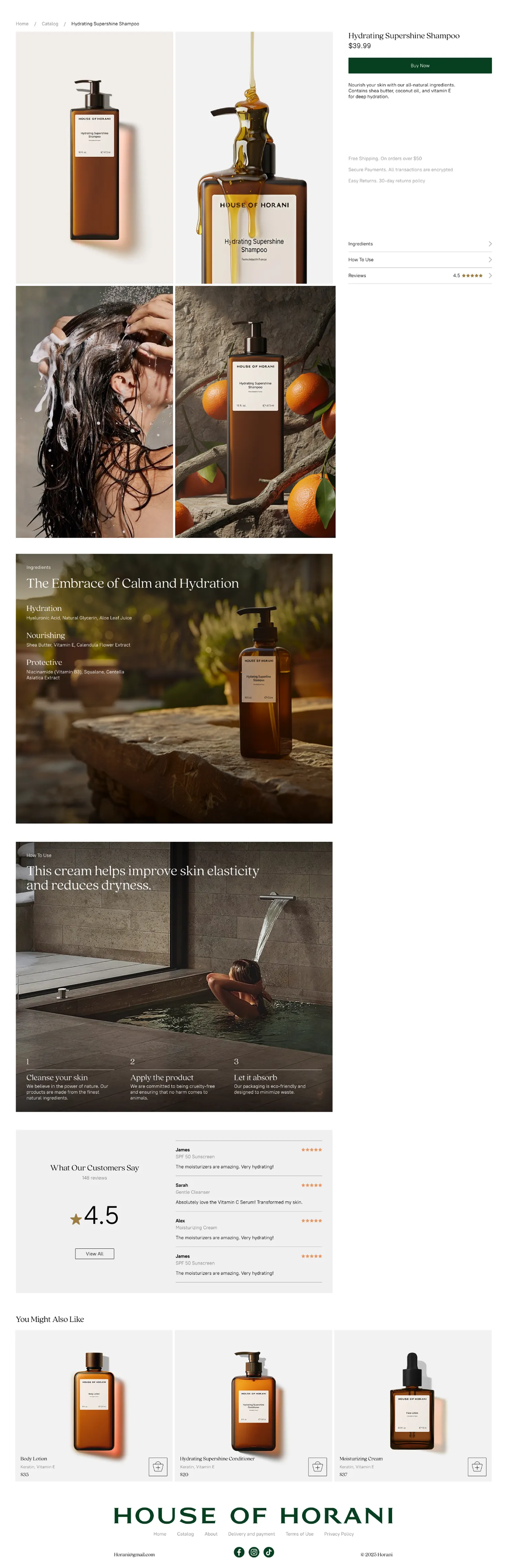 House of Horani Hydrating Supershine Shampoo product page showing shampoo bottle images, product description, ingredients, usage instructions, customer reviews, and related product suggestions.