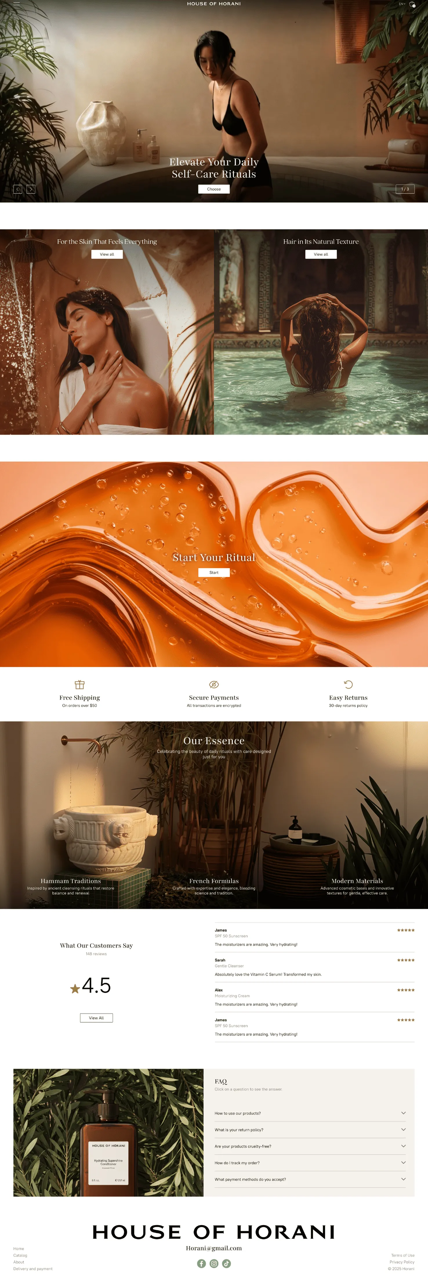 Website homepage layout featuring wellness and skincare themes with images of a woman in black lingerie, a woman showering, another in a pool, and skincare product close-ups, highlighting self-care rituals and customer reviews.