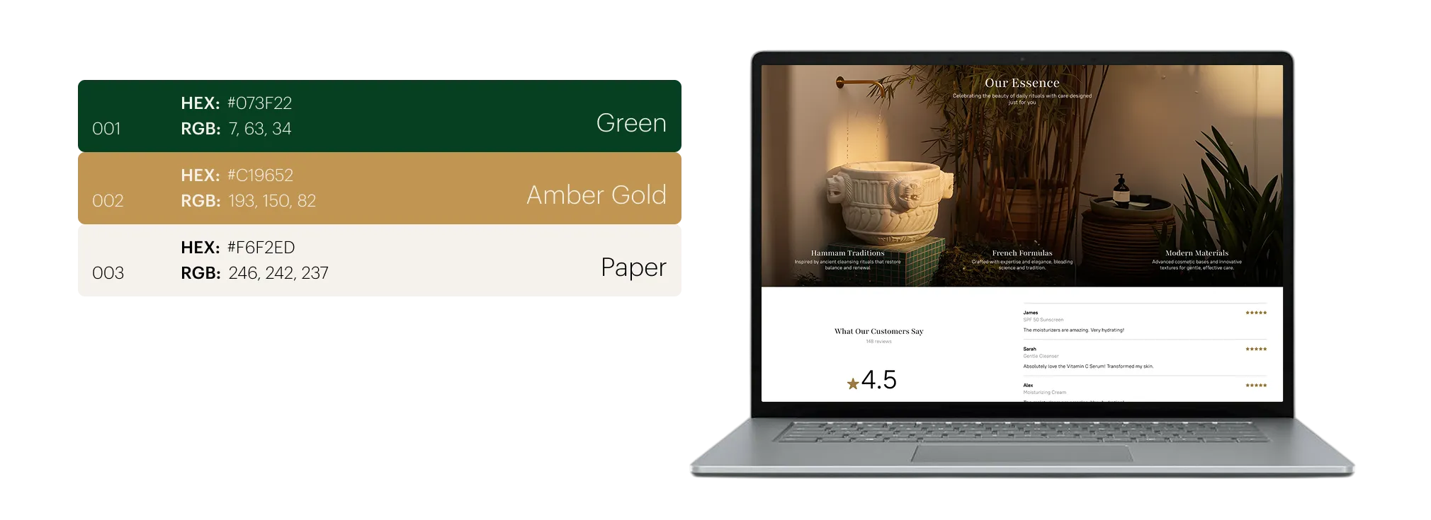 Laptop displaying a website with a warm, natural theme featuring a carved stone basin and plants, alongside a color palette of green, amber gold, and paper white with their HEX and RGB values.