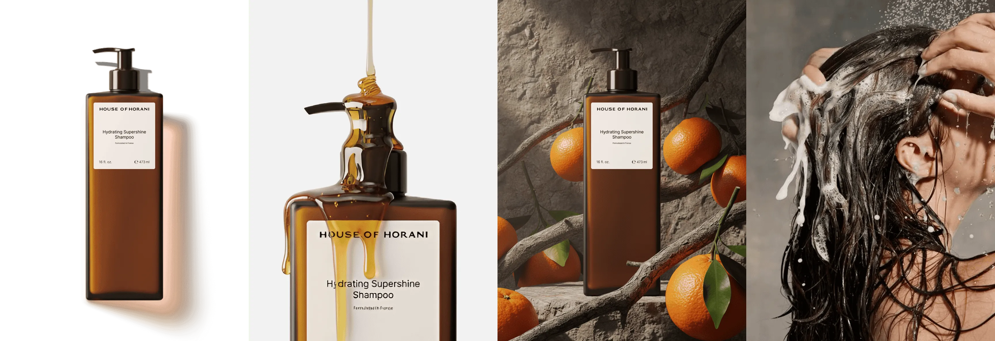Four images: House of Horani Hydrating Supershine Shampoo bottle, shampoo bottle with honey dripping, shampoo bottle surrounded by oranges on a branch, and a person washing long wet hair with shampoo.