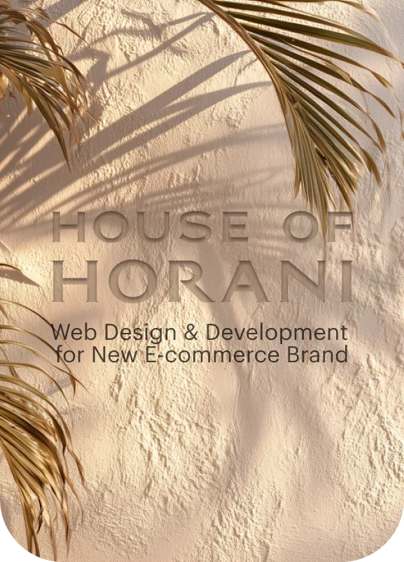 Text 'HOUSE OF HORANI Web Design & Development for New E-commerce Brand' on a textured beige background with shadows of palm leaves.