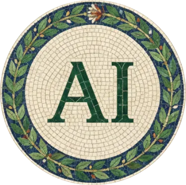 Circular mosaic with green leaves and small flowers border surrounding the letters AI in green on a beige background.