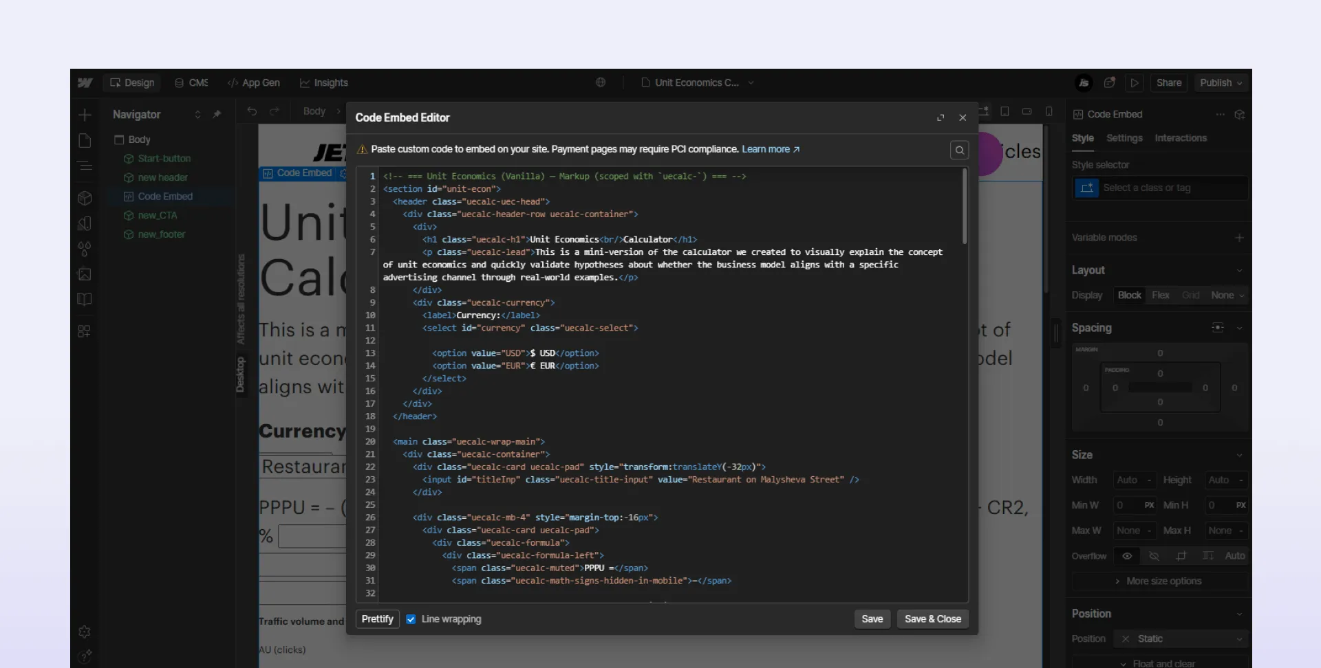 Screenshot of webflow embed code