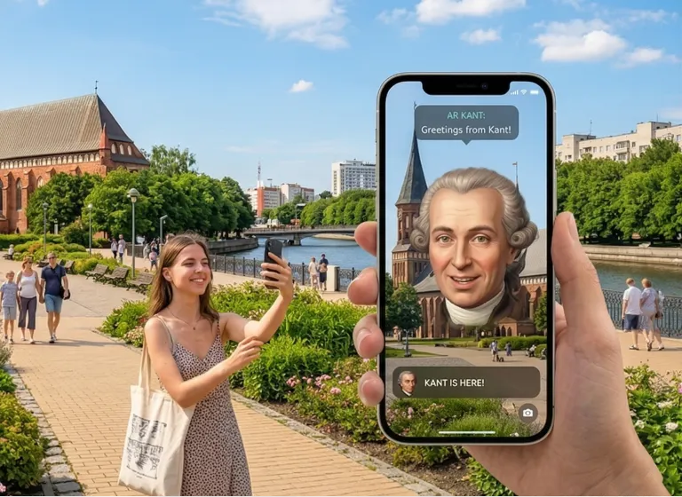 Woman taking selfie with augmented reality portrait of Immanuel Kant on smartphone in outdoor setting.
