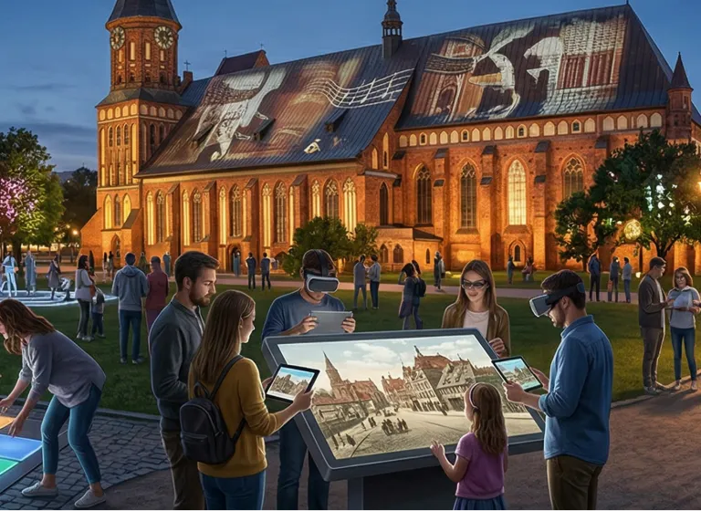 People wearing VR headsets and using tablets in front of historic building with interactive displays.