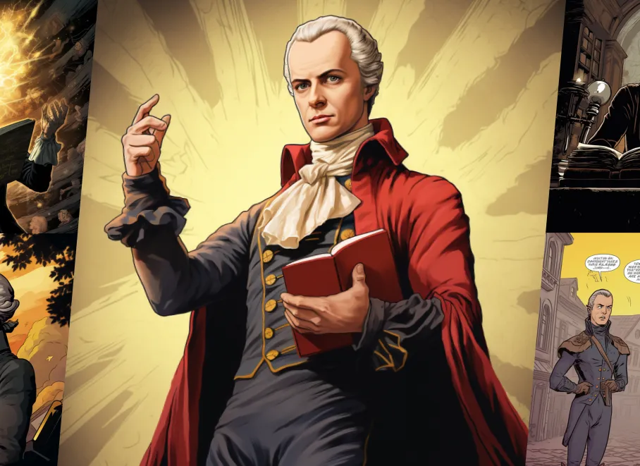 Thomas Jefferson in 18th-century attire holding a book and gesturing with his finger pointed upwards.