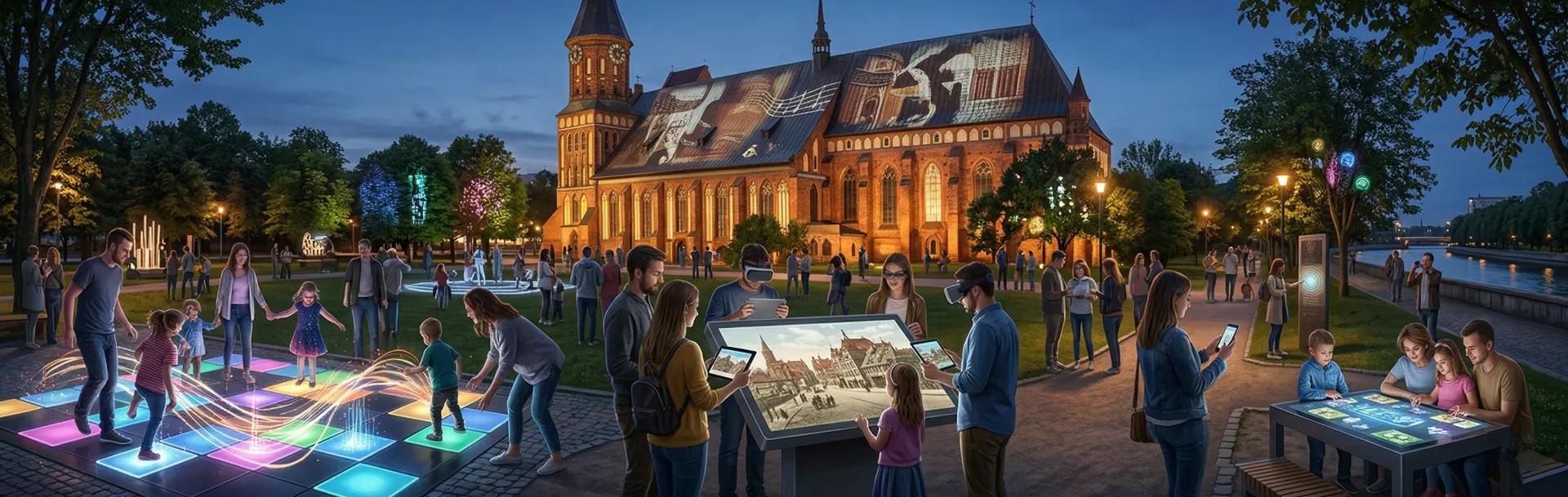 People interact with interactive displays and light installations in a park at dusk near a historic building.