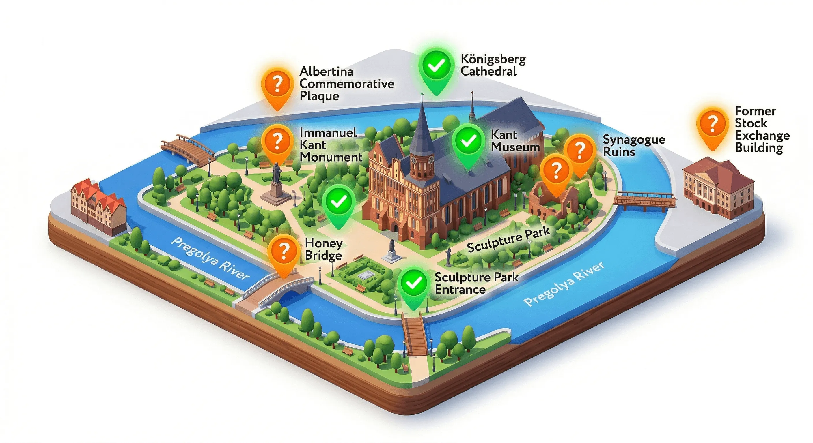 Isometric map of Kaliningrad landmarks, Pregolya River, and Sculpture Park Entrance.