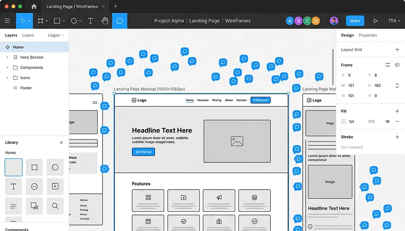 Figma website development file with a lot of comments from team members 