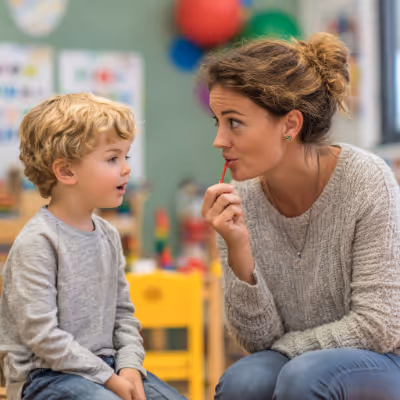 Pani logopedka weiczy wymowę z chłopcem