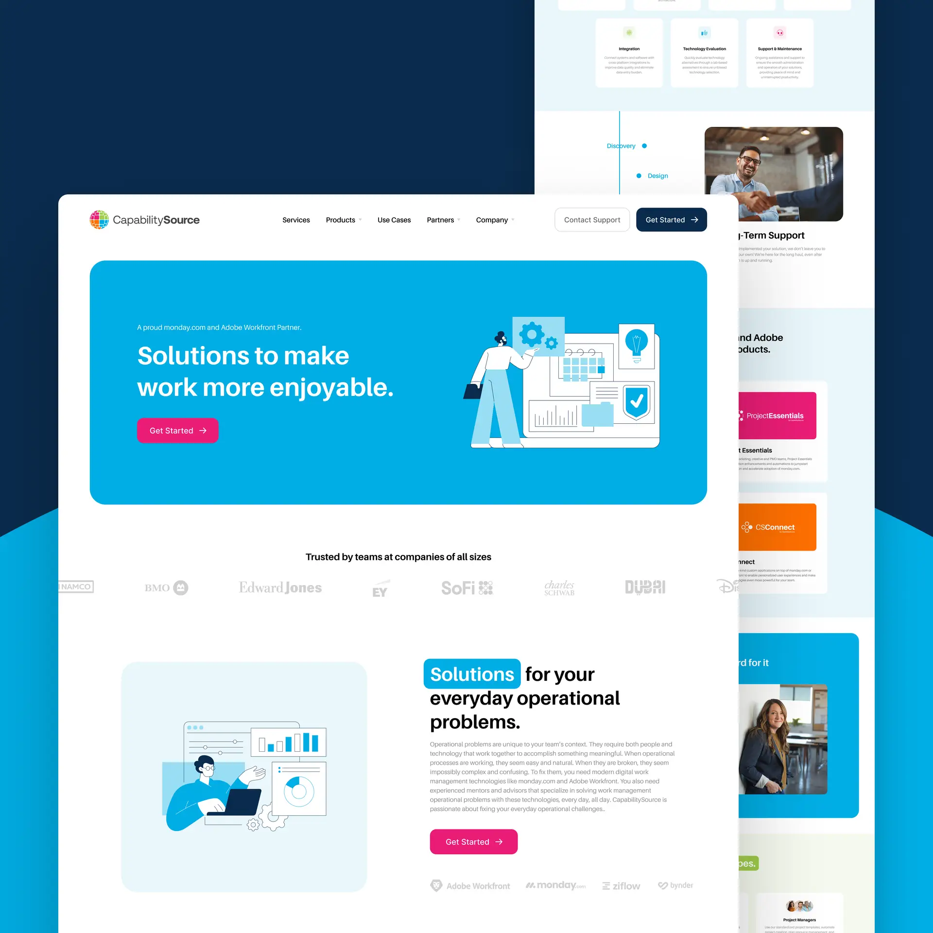 Website homepage featuring CapabilitySource offering solutions to make work more enjoyable with service descriptions, a Get Started button, and company logos.