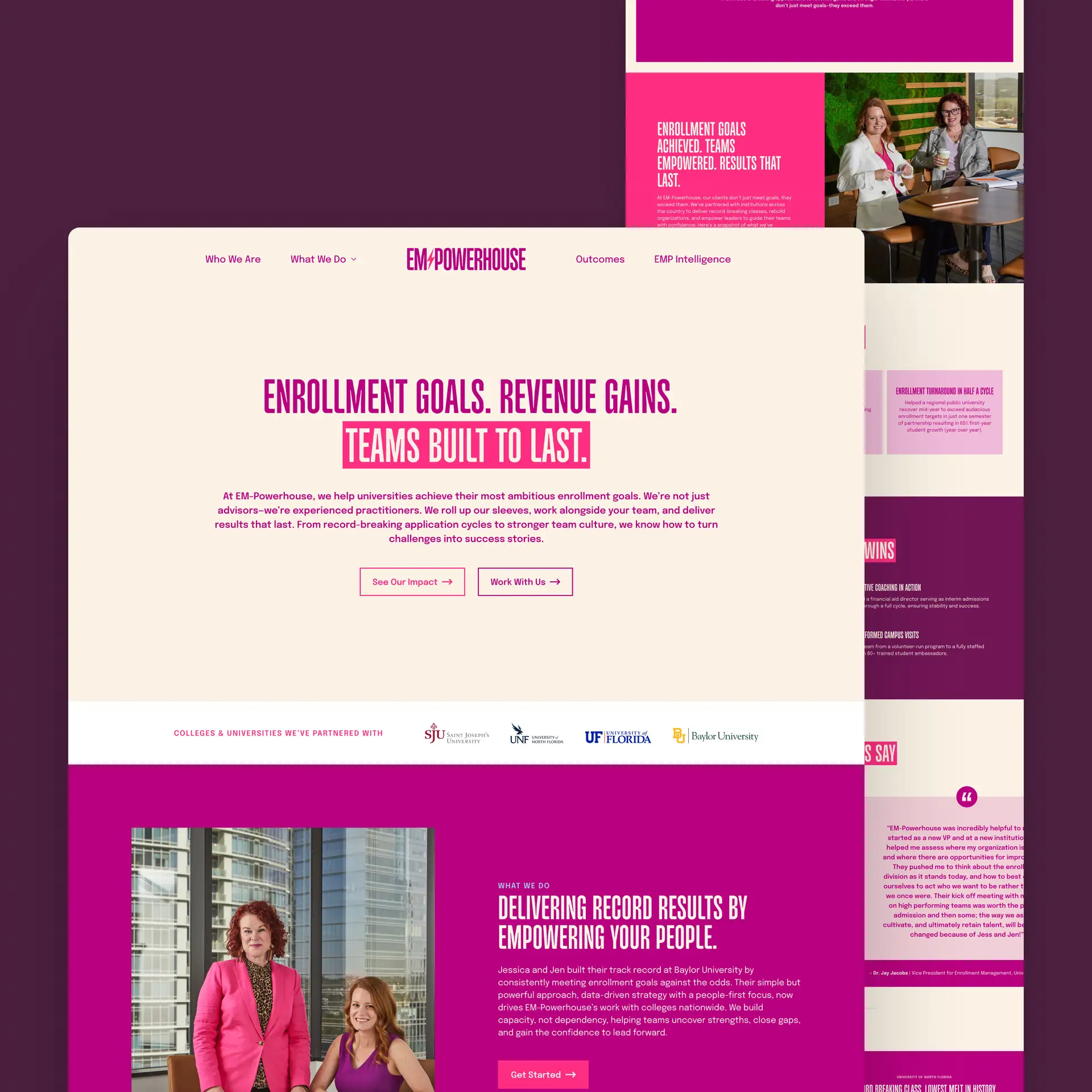 Website homepage for EM-Powerhouse with headlines about enrollment goals, revenue gains, and team building, plus photos of two women in professional attire and partner university logos.
