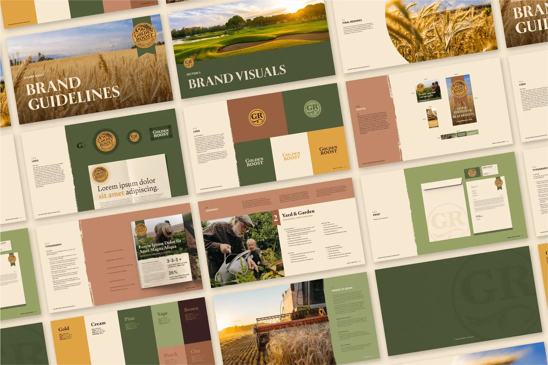 Overview of brand guideline pages for Golden Roost featuring logos, color palettes, typography, and agricultural imagery.