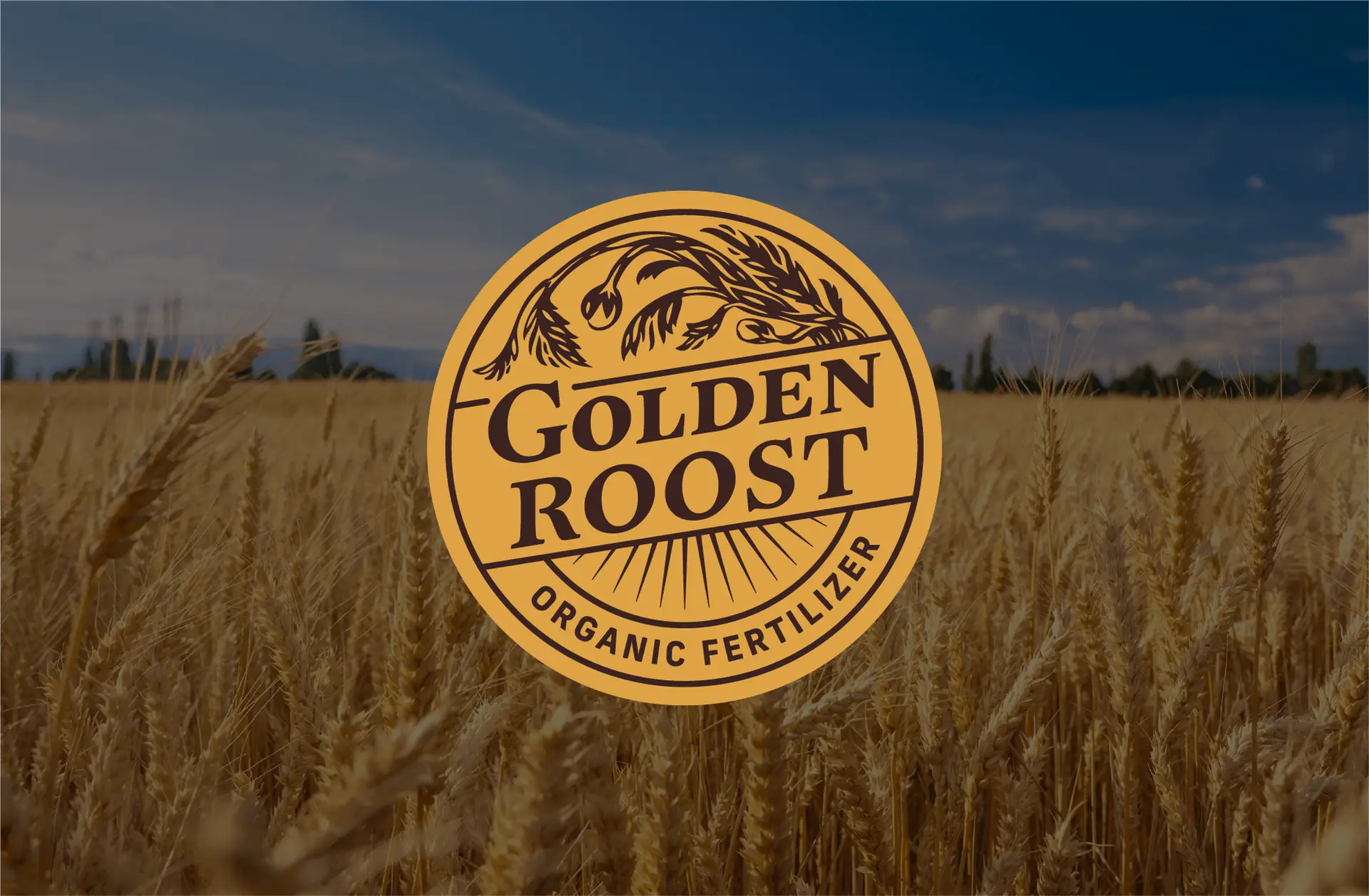 Golden Roost Organic Fertilizer logo over a golden wheat field under a blue sky.