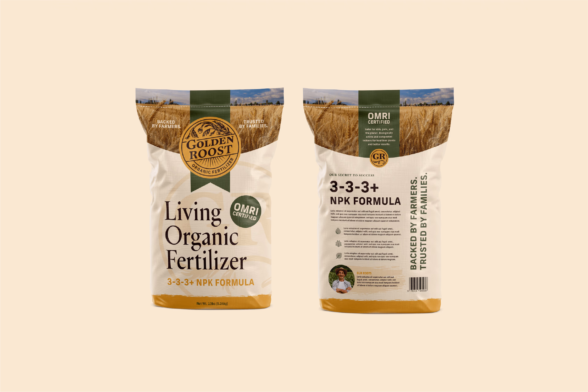 Front and back views of Golden Roost Living Organic Fertilizer bags featuring 3-3-3+ NPK formula, OMRI certification, and farmer endorsement.