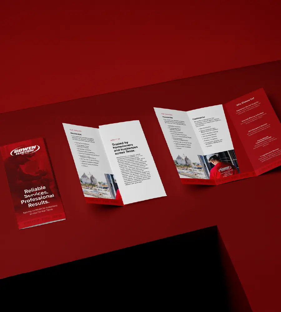 Tri-fold brochure for Bowen Electric with red cover stating Reliable Services, Professional Results, serving commercial customers across Central Texas, and inside panels detailing residential and commercial electrical services.