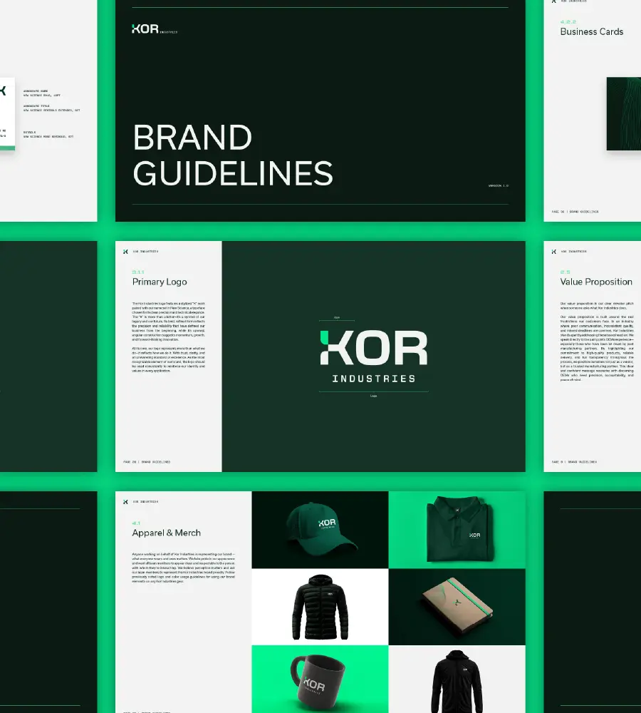 Collage of brand guideline pages for XOR Industries showing logo presentation, business cards, value proposition, and apparel merchandise including hats, jackets, and mugs.