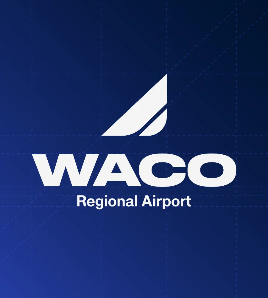 WACO Regional Airport logo with stylized wing icon above the text on a blue background.