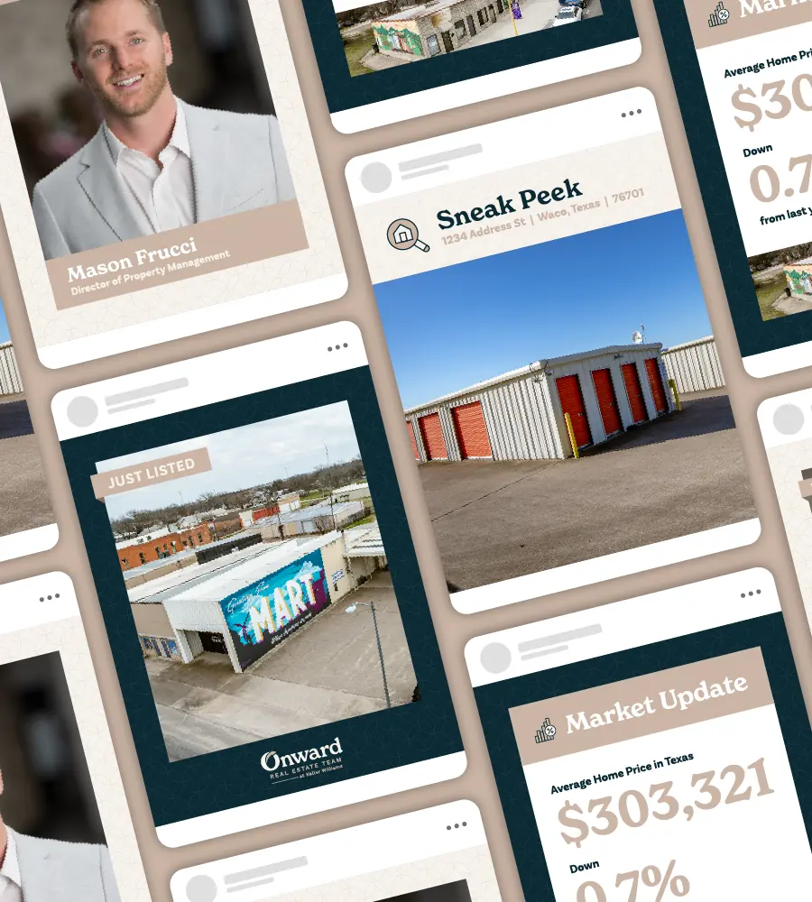 Collage featuring a portrait of Mason Frucci, aerial view of a market building with a mural, storage units with red doors labeled 'Sneak Peek,' and real estate market update showing average home price in Texas.