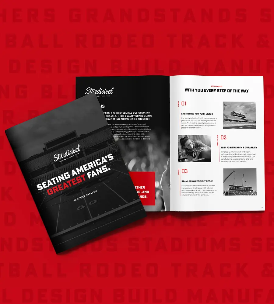 Opened and closed Sturdisteel product catalog showing stadium seating with the title 'Seating America's Greatest Fans.'