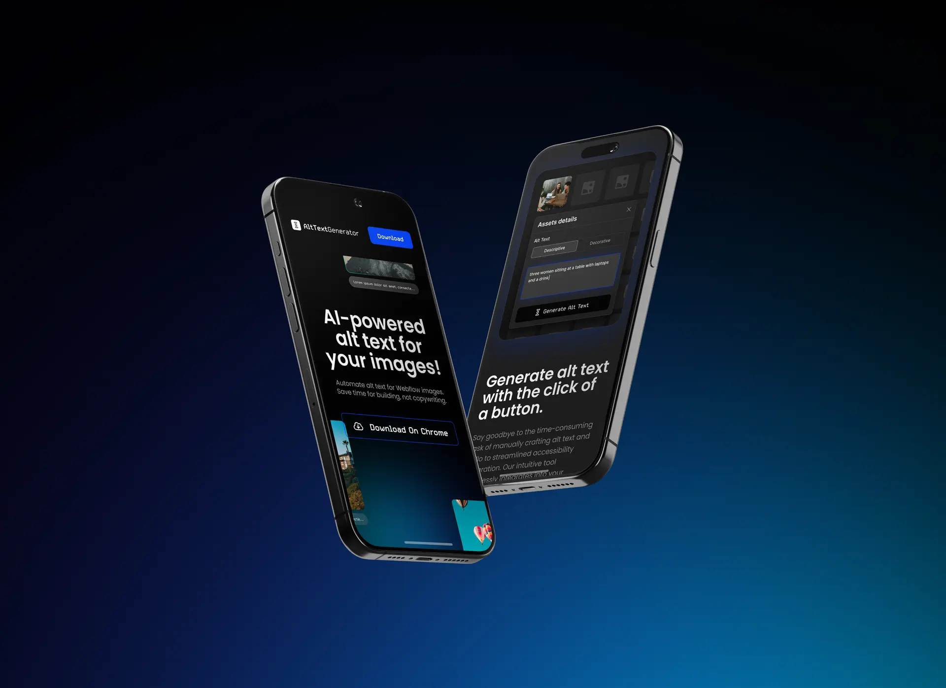 Two smartphones display an AI-powered alt text generator app with download buttons and text about automating image alt text.