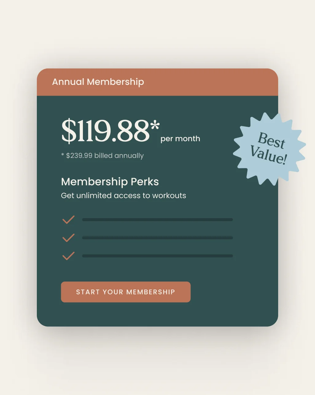 Annual membership offer at $119.88 per month billed annually with unlimited workout access and a 'Best Value!' badge.