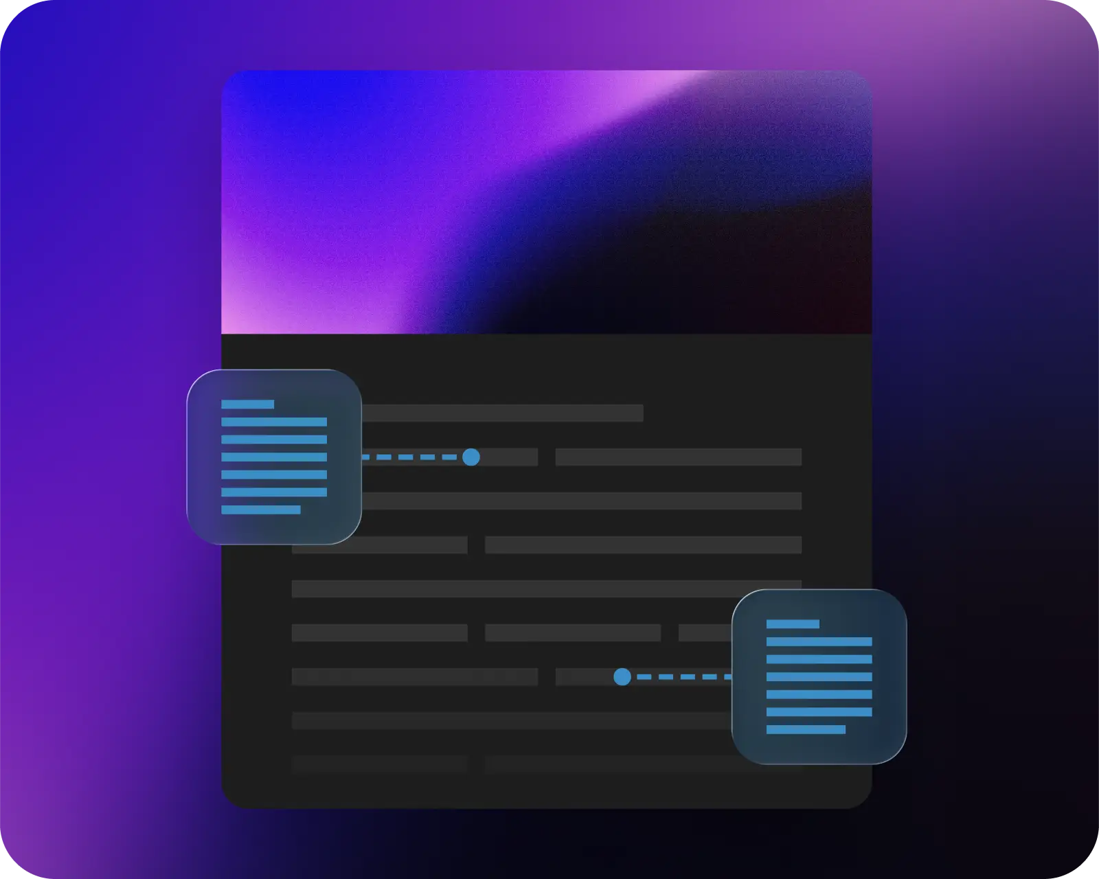 Abstract dark interface with purple gradient header and two text boxes connected by dotted lines, symbolizing code or data linking.