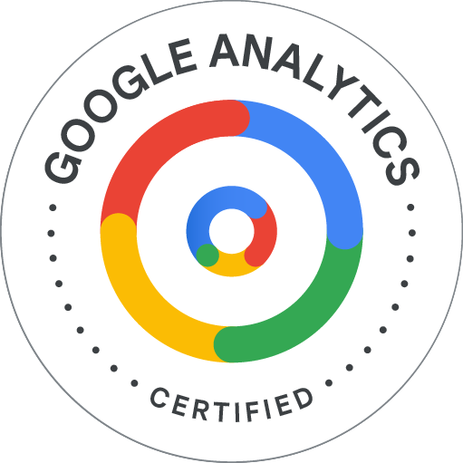 Google Analytics Certified badge featuring concentric circles in blue, red, yellow, and green colors.