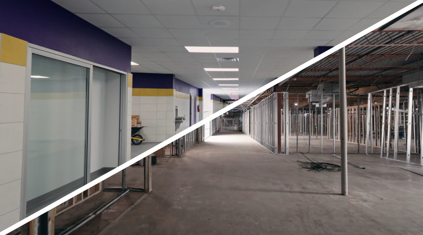 Split image showing a school hallway; the top half is finished with tiled walls and ceiling lights, the bottom half shows the same hallway under construction with exposed metal framing and an unfinished floor.