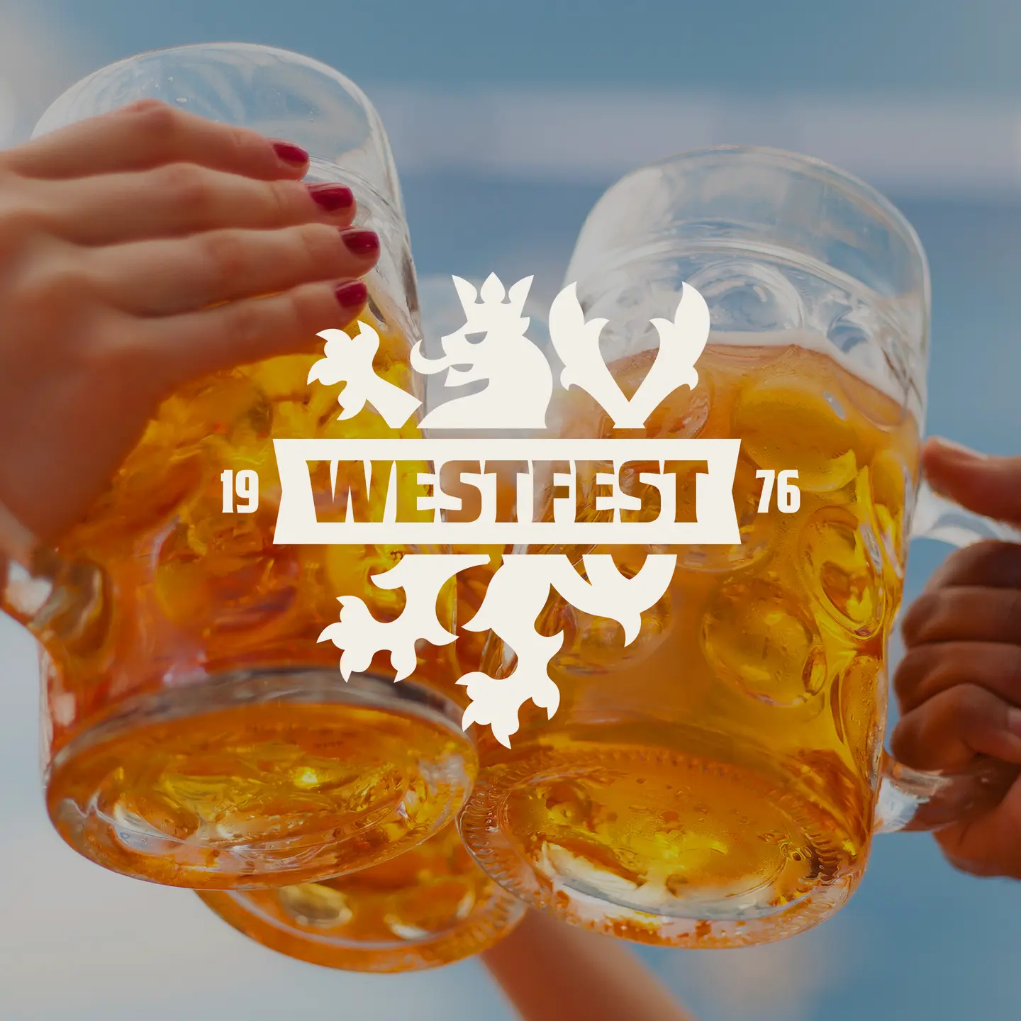 Two hands clinking full beer mugs with a white Westfest 1976 lion logo overlayed.