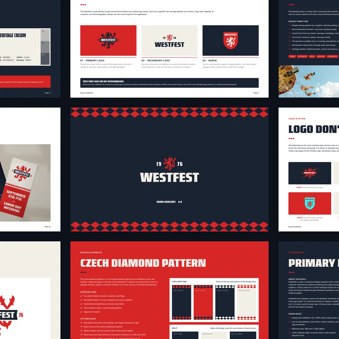 Westfest brand guidelines showing logos, badge, Czech diamond pattern, and logo usage rules in a grid layout.