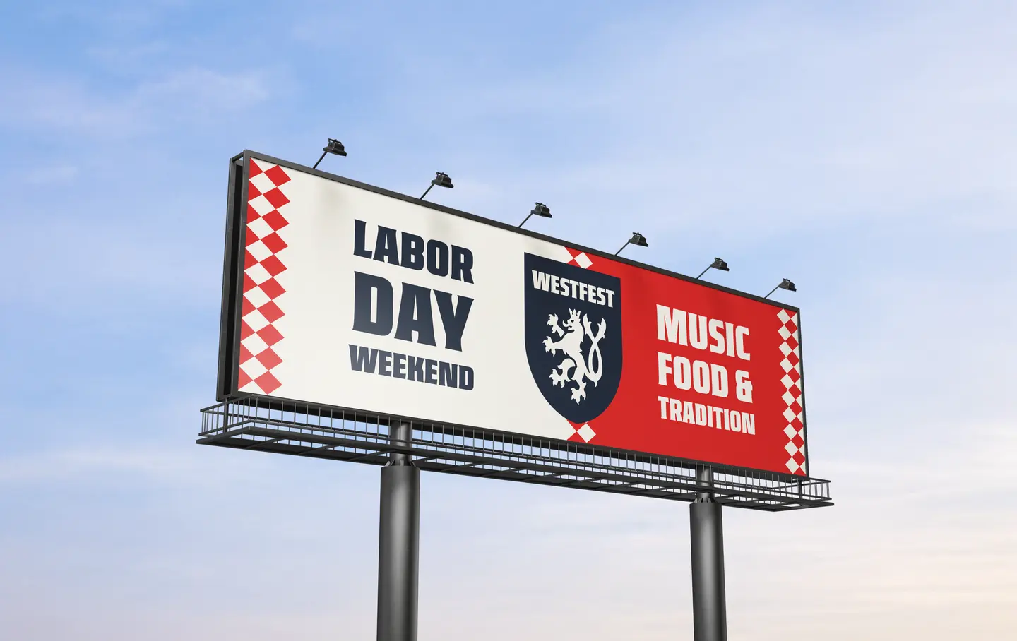 Billboard for Westfest Labor Day weekend featuring music, food, and tradition with a lion crest.