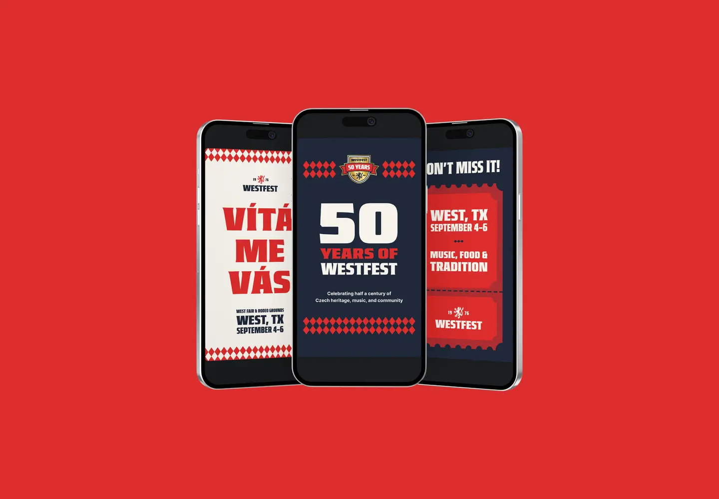 Three smartphones with red and black Westfest 50 years celebration event posters on a red background.