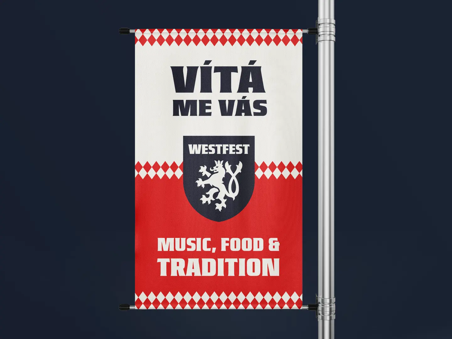 Street banner with a lion crest and text promoting Westfest: music, food, and tradition.