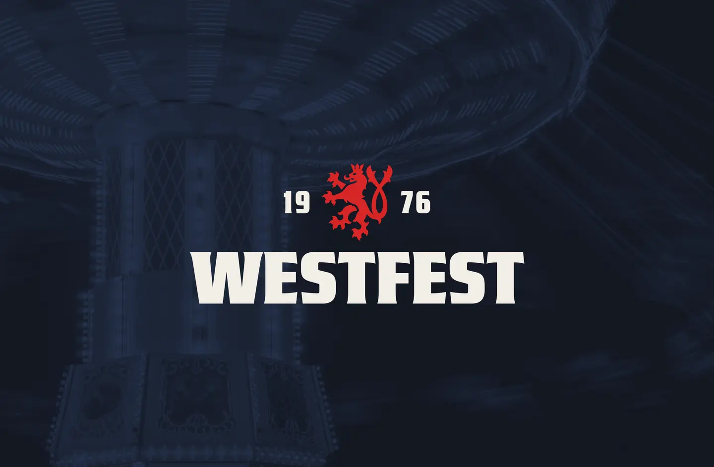 WESTFEST logo with red lion and the year 1976 over a blurred dark amusement ride background.