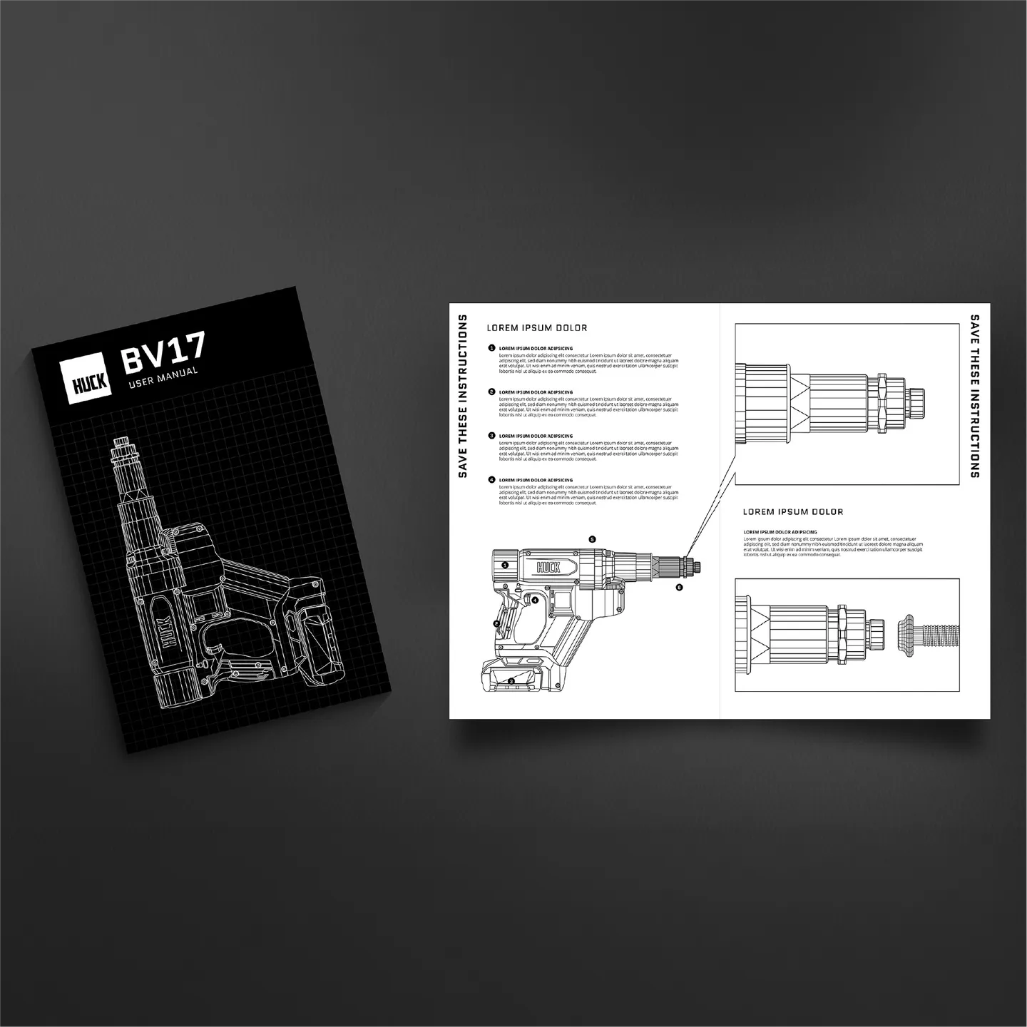 Black and white user manual for BV17 tool with technical drawings and instructions laid out on dark surface.