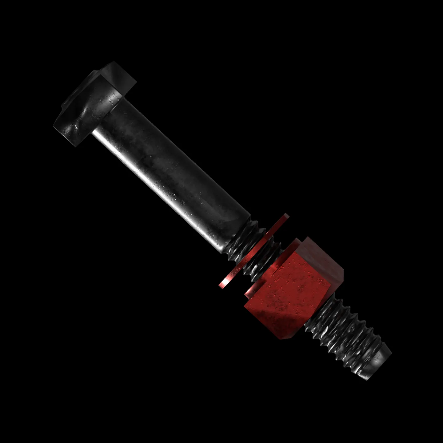 Black metal bolt with red hex nut and washer on a black background.