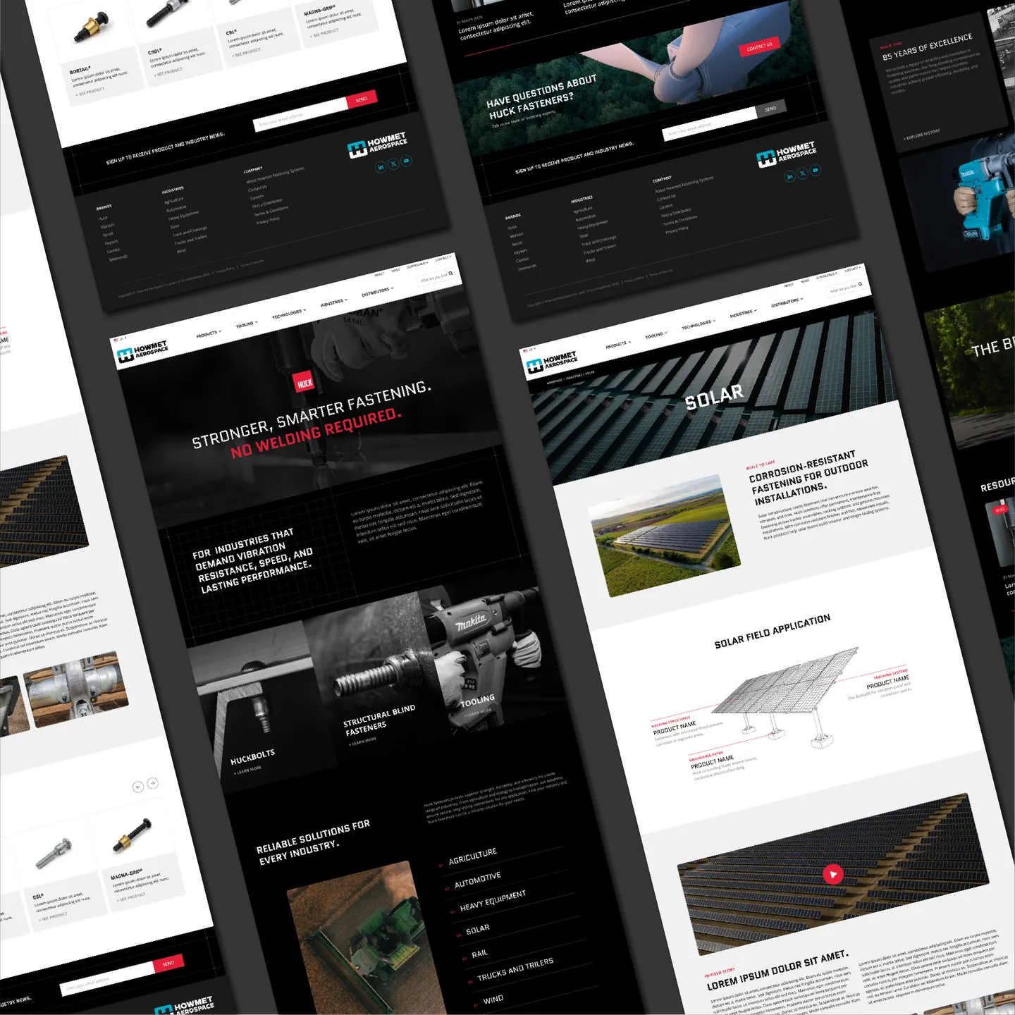 Website screenshots for Howmet Aerospace showing Huck fasteners, solar solutions, and product details.