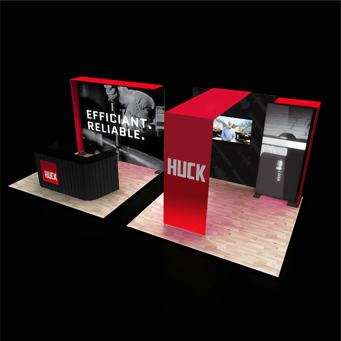 Trade show booth with red and black design, 'HUCK' branding, and 'Efficient. Reliable.' text on backdrop.