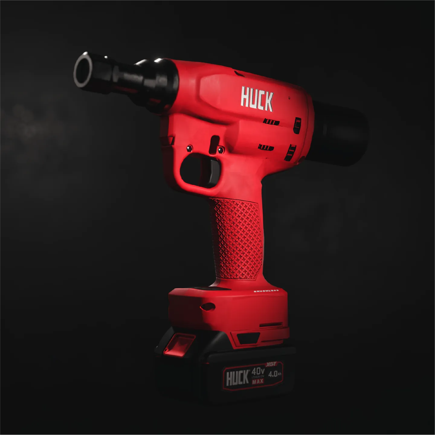 Red cordless power tool labeled HUCK with a black battery pack on a dark background.