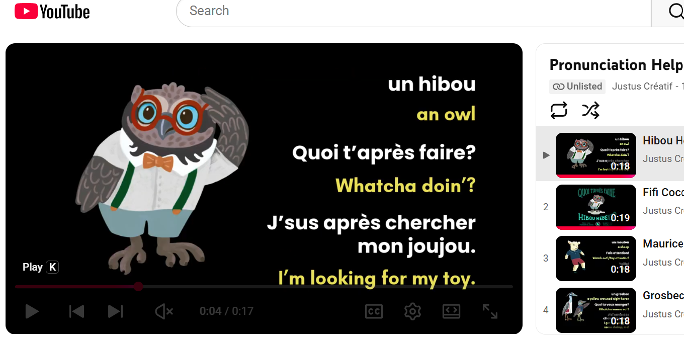Screenshot of Youtube playlist for pronunciation help with Louisiana French kids' book