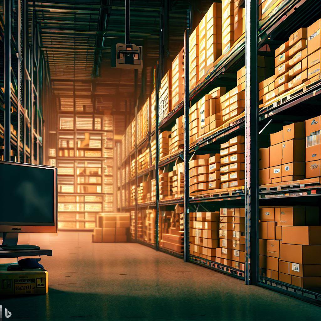 amazon warehouse shelves with a computer monitoring the stocks, realistic