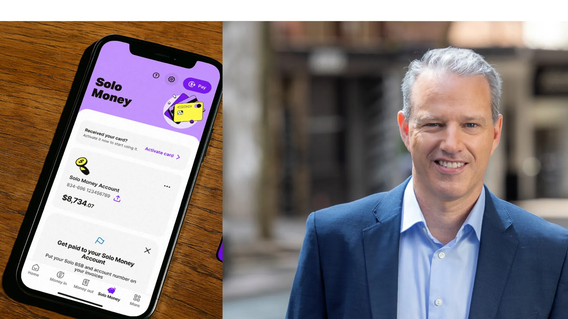 MYOB CEO Paul Robson holding MYOB Money debit card