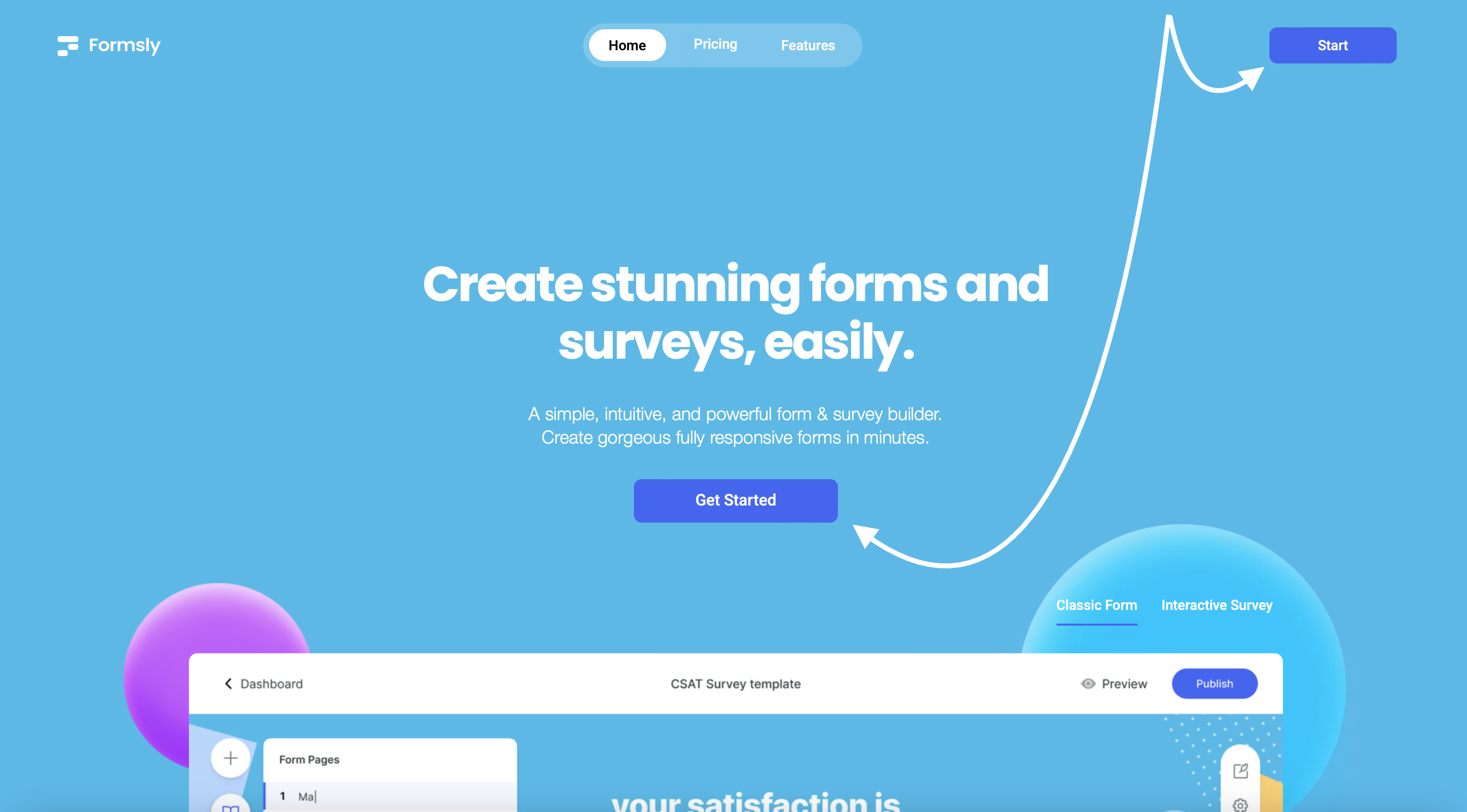 Arrows pointing Formsly Users to get started