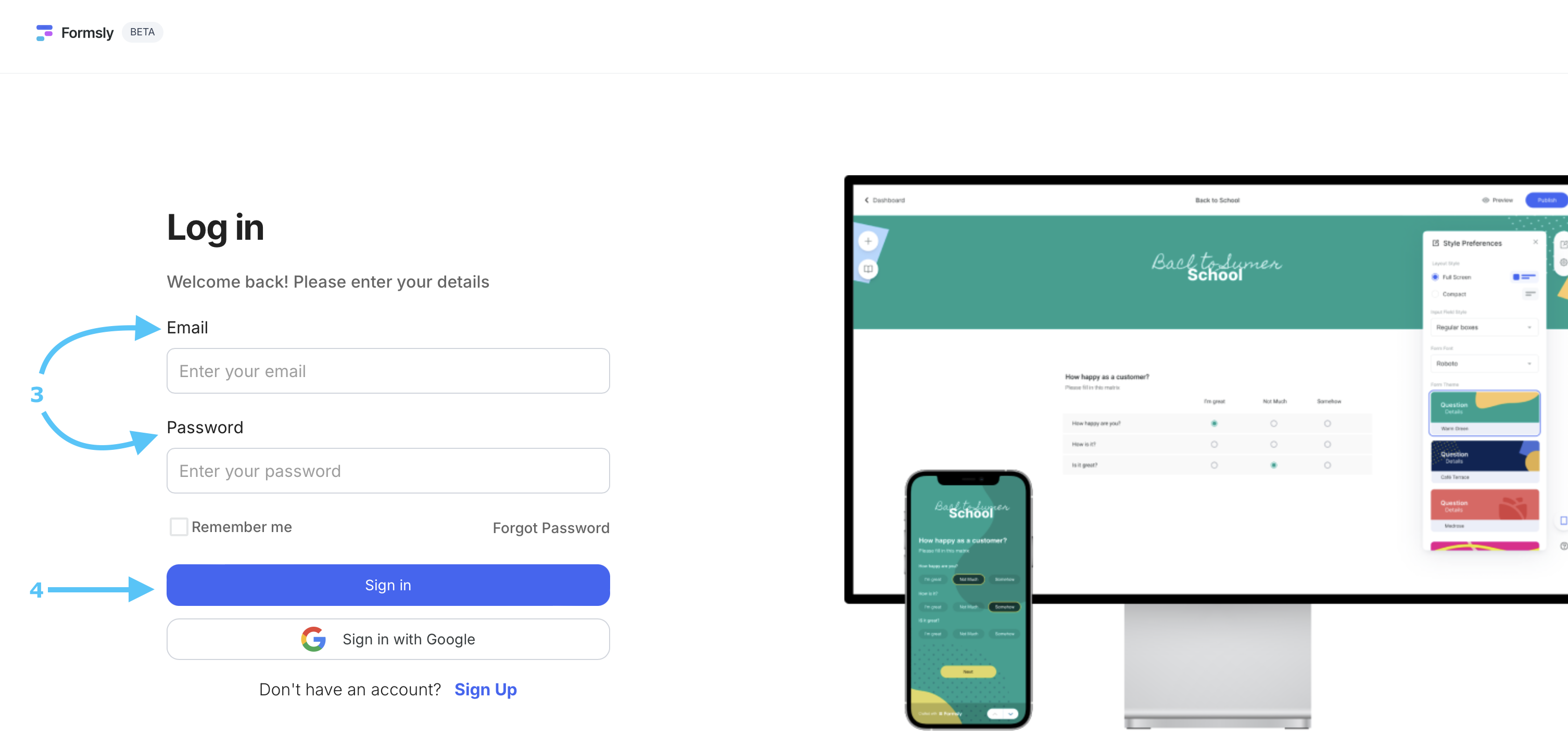 Arrows pointing users to step 3 and 4 of signing  in