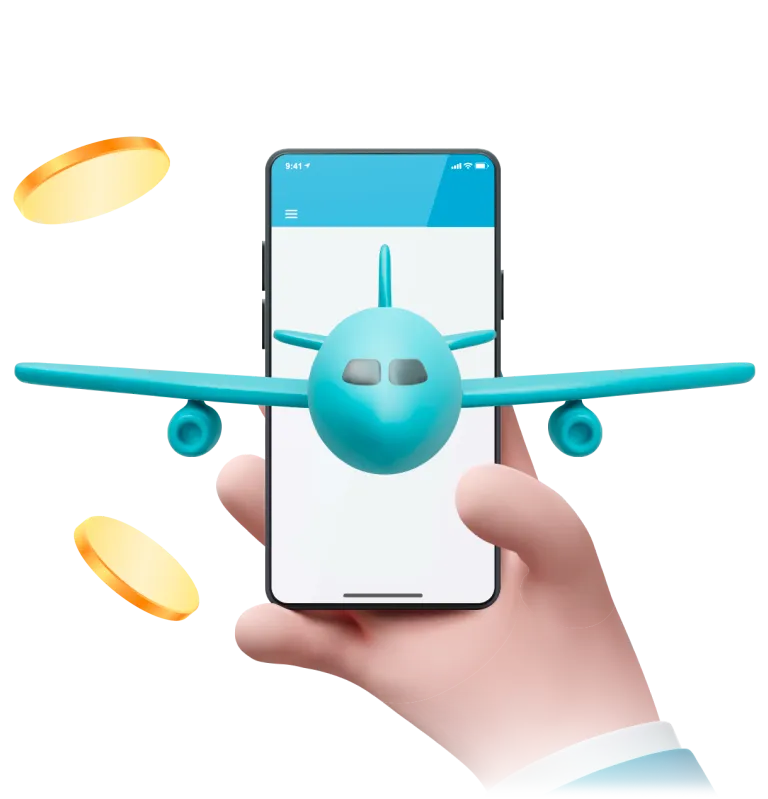 Imagem de um avião saindo da tela de um celular com moedas de ouro a sua volta